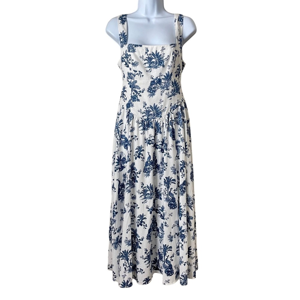 Caroline Constas Dress Womens Small Blue White Basque Linen Midi Open Back Tie